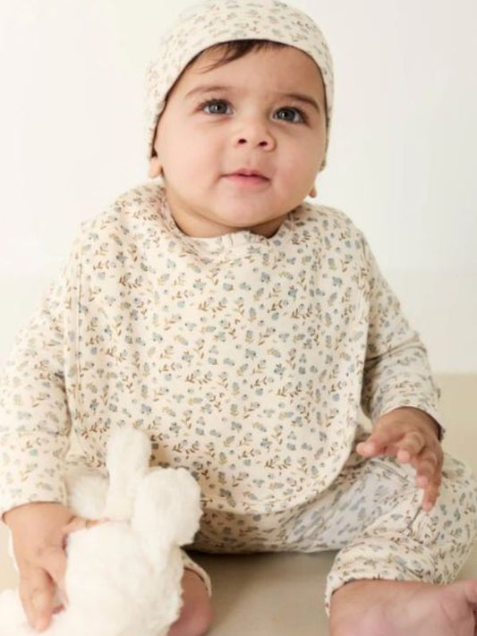a picture of a baby wearing a hat, a bib with a blueberry design on it and a onepiece with a blueberry design holding a white fulffy toy