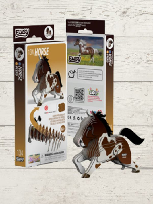 Horse 3D puzzle building set packaging with horse illustration on a wooden background