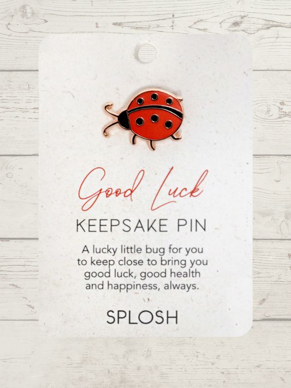 A ceramic keepsake pin with a ladybug design and rose gold details, attached to a white card with text.