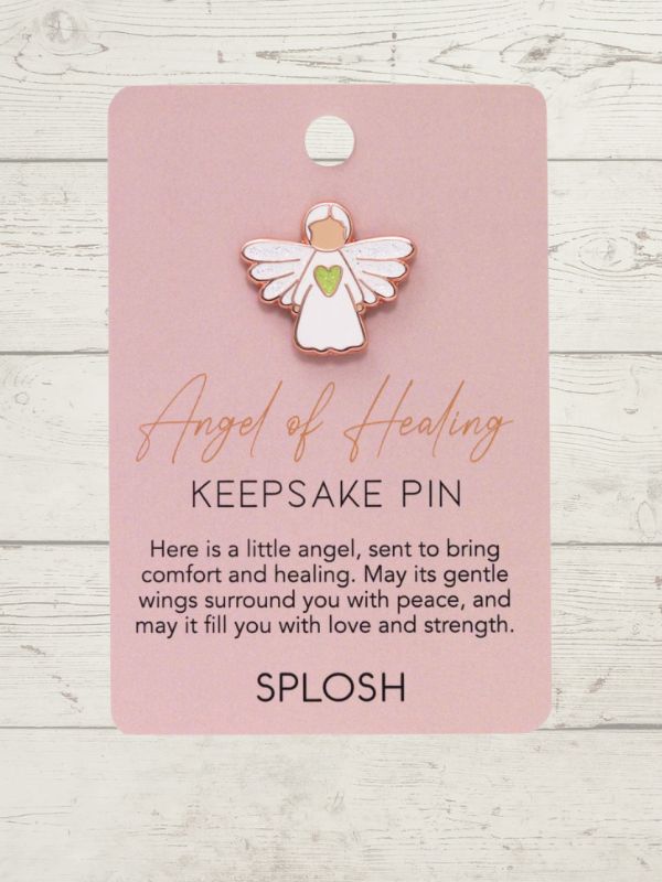 Angel of Healing keepsake pin on a pink card with 'SPLOSH' branding