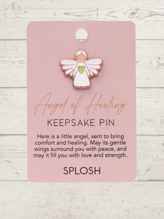 Angel of Healing keepsake pin on a pink card with 'SPLOSH' branding