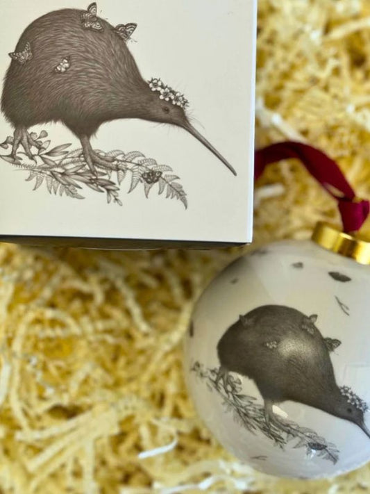 brown kiwi bauble and box on a brown background