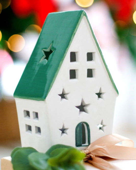 Green Light-Up Ceramic Christmas House | Christmas Decoration