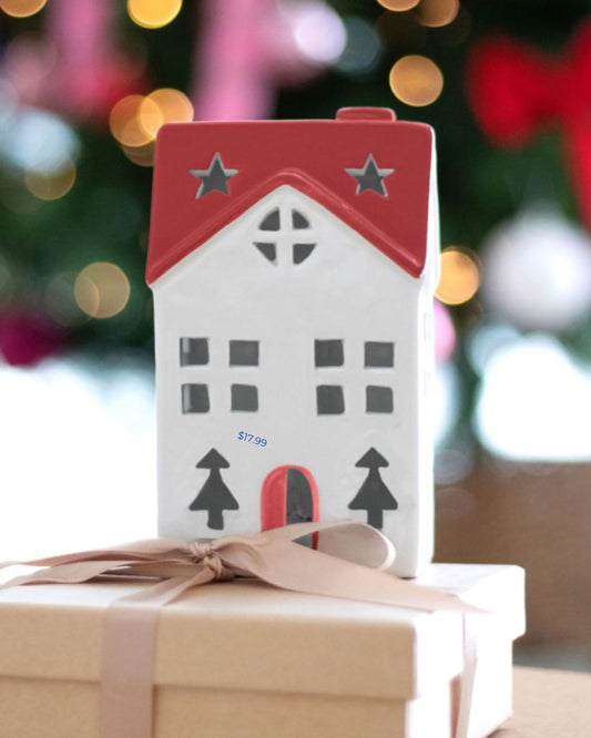 Red Light-Up Ceramic Christmas House | Christmas Decoration