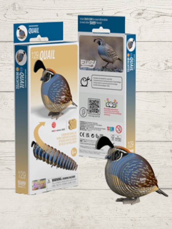 3D puzzle Quail figurine with packaging on a wooden background