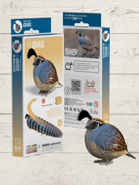 3D puzzle Quail figurine with packaging on a wooden background