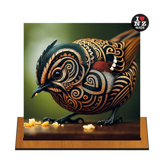 A decorative bird artwork displayed on a wooden stand against a white background. The bird has intricate black, brown, and cream tribal-style patterns, with a small red accent near its wing.