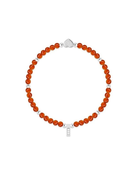 Orange beaded bracelet with silver clasp on a white background