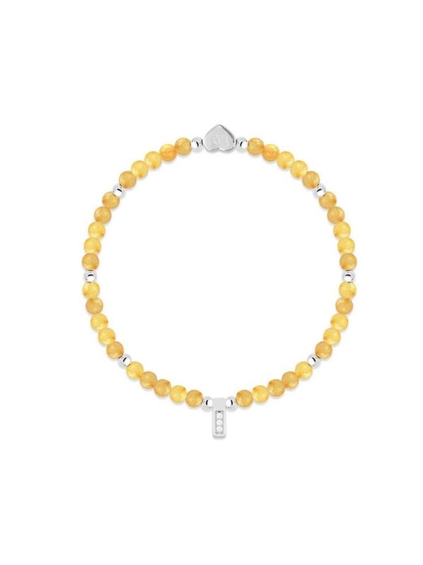 Yellow beaded bracelet with silver heart clasp on a white background
