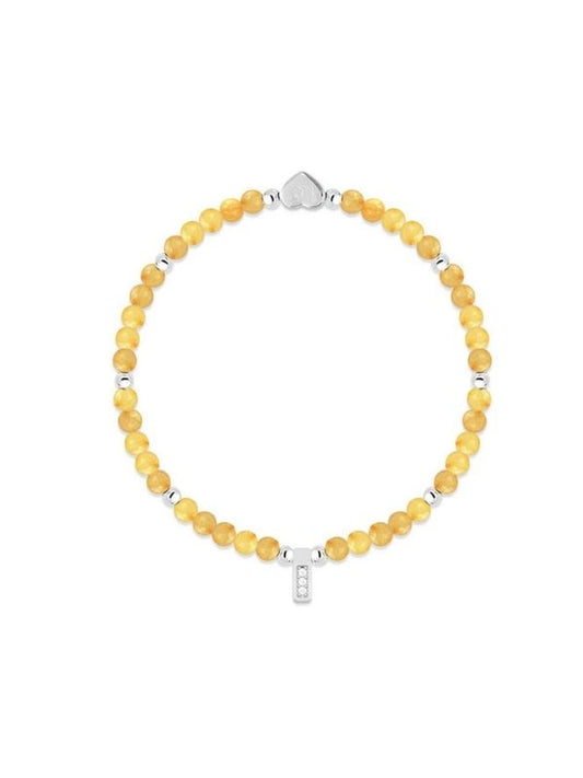 Yellow beaded bracelet with silver heart clasp on a white background