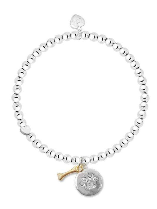 Silver beaded bracelet with a paw print charm on a white background