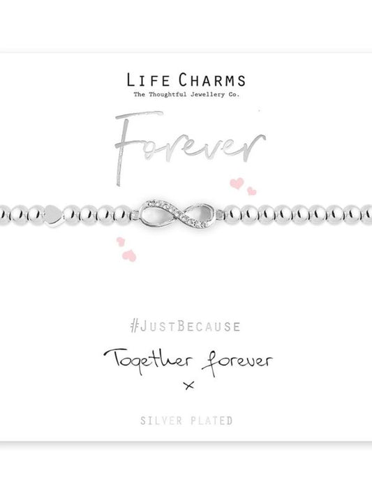 Silver bracelet with infinity symbol on a white background, featuring 'Life Charms' branding.