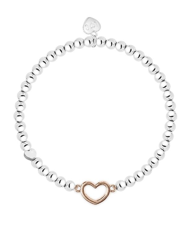 Silver beaded bracelet with a heart-shaped clasp on a white background