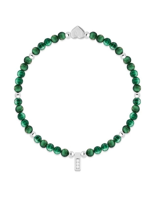 Green beaded bracelet with silver clasp on a white background