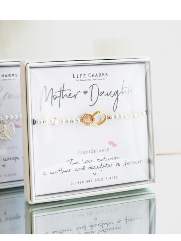 Bracelet set with 'Mother Daughter' card on a reflective surface
