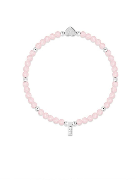 Pink beaded bracelet with silver lock clasp on a white background