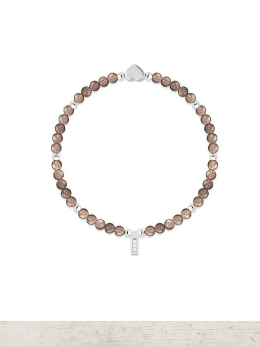 bracelet with brown beads and a silver clasp on a white background