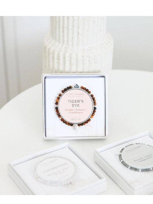 Bracelet in a box labeled 'Tiger's Eye' on a white surface with a blurred background