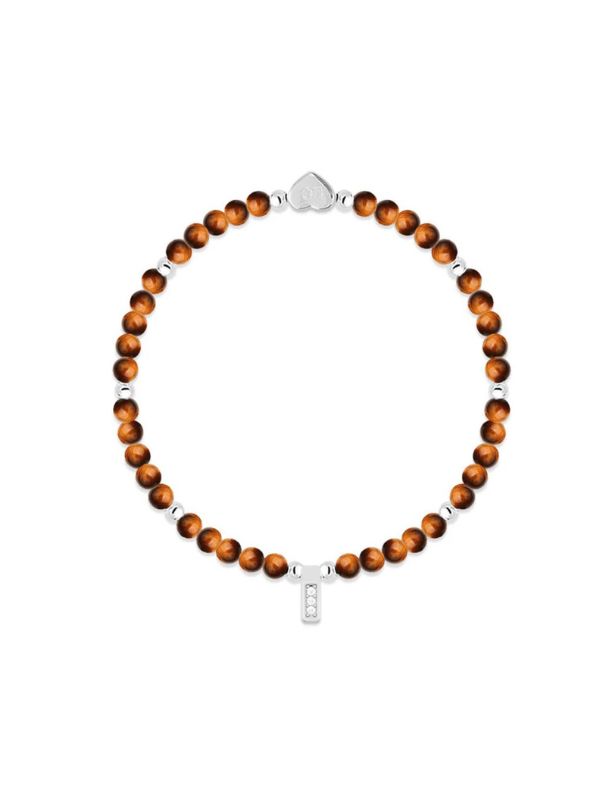 Bracelet with brown beads and silver clasp on a white background