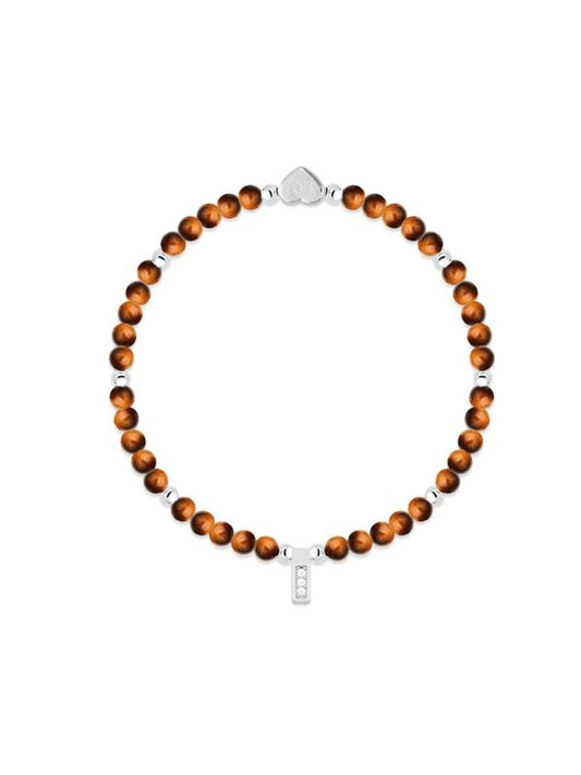 Bracelet with brown beads and silver clasp on a white background