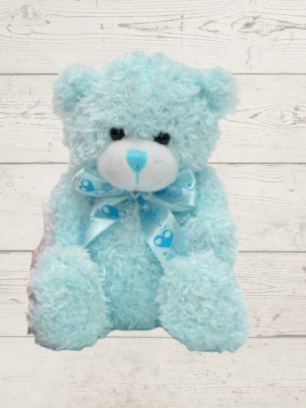 A blue plush teddy bear with a soft texture, standing against a wooden background.