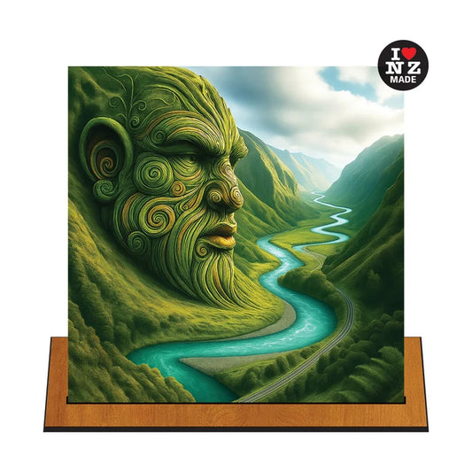 A square wall art print or canvas mounted on a wooden display stand, showing a surreal landscape with a large green face carved into a mountain beside a winding turquoise river. A small 'I ♥ NZ MADE' badge appears in the top-right corner.