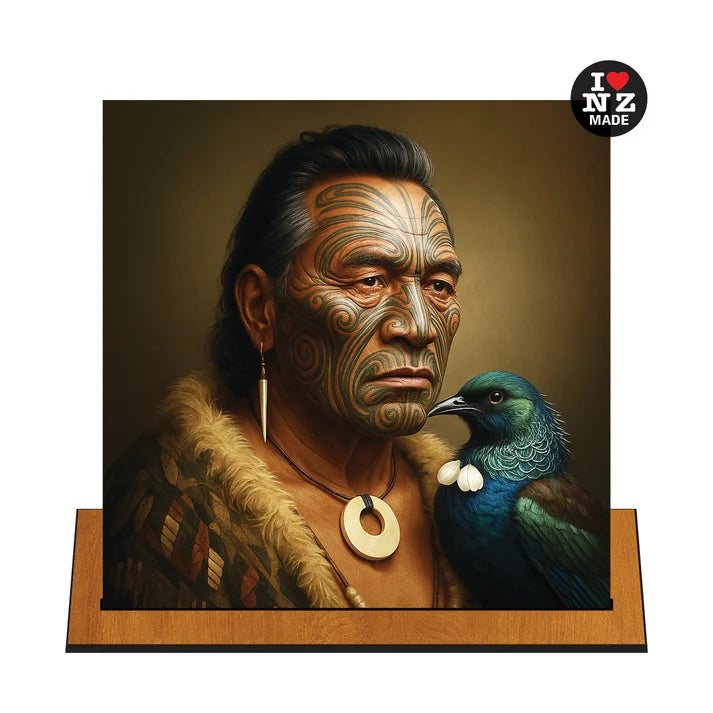 A square framed art print or canvas on a wooden display stand, showing a portrait of a Polynesian man with facial tattoos and a blue-green bird on his shoulder against a warm brown background. A small circular 'I ♥ NZ MADE' badge appears in the top-right corner.