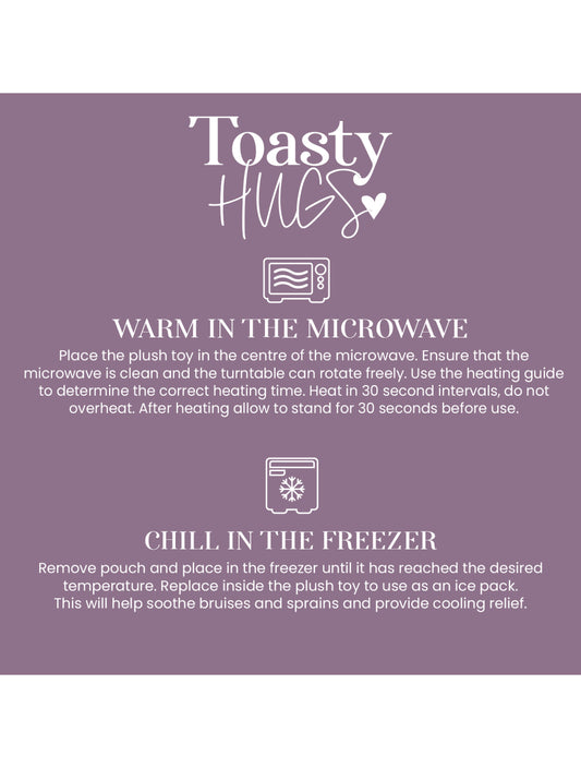 Instructions for using a plush toy with text on a purple background