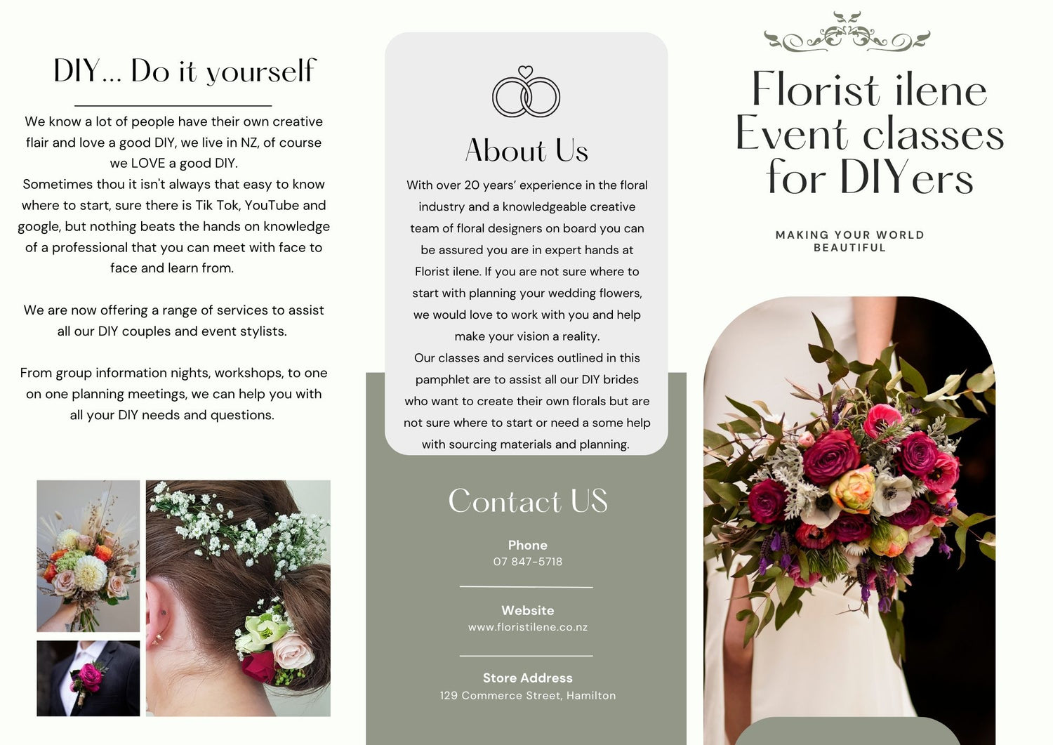 Florist ilene promotional flyer with contact information and images of floral arrangements.