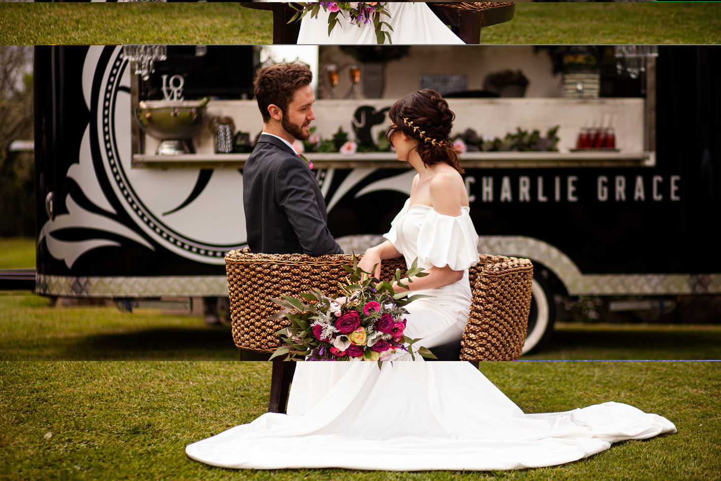 Couple sitting on a bench with a food truck in the background, bride holding floral bouquet
