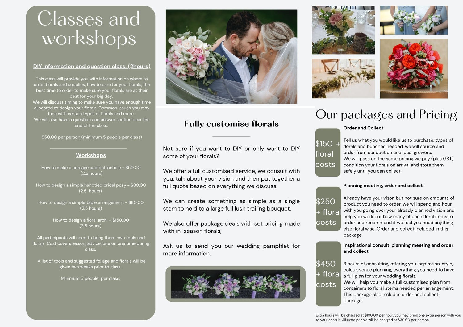 Brochure or flyer with wedding planning information and floral services.