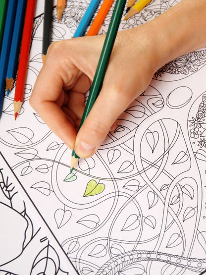 coloring-in book with coloured pencils and a hand, with vines and leaves