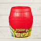 a red barrel with the words 'Barrel of Monkeys' with some cartoon monkeys on it on a wooden background