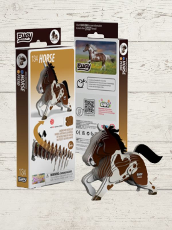 Horse 3D puzzle building set packaging with horse illustration on a wooden background