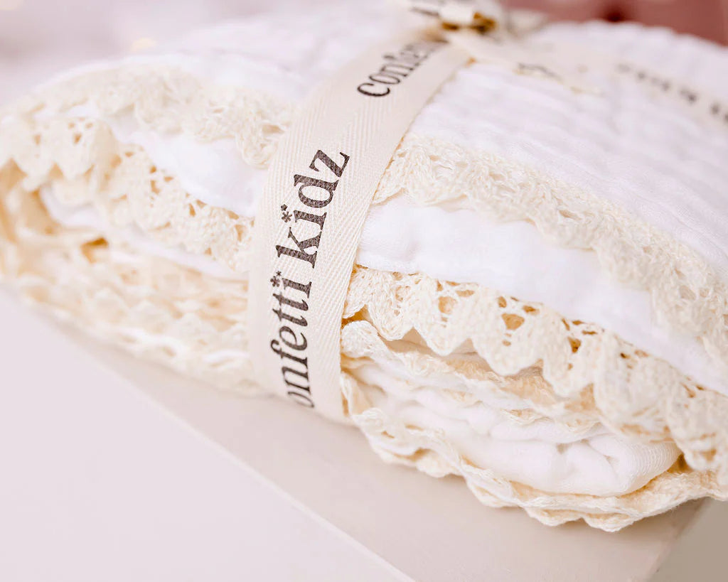 Muslin Blanket with Lace Trim - 2 colours