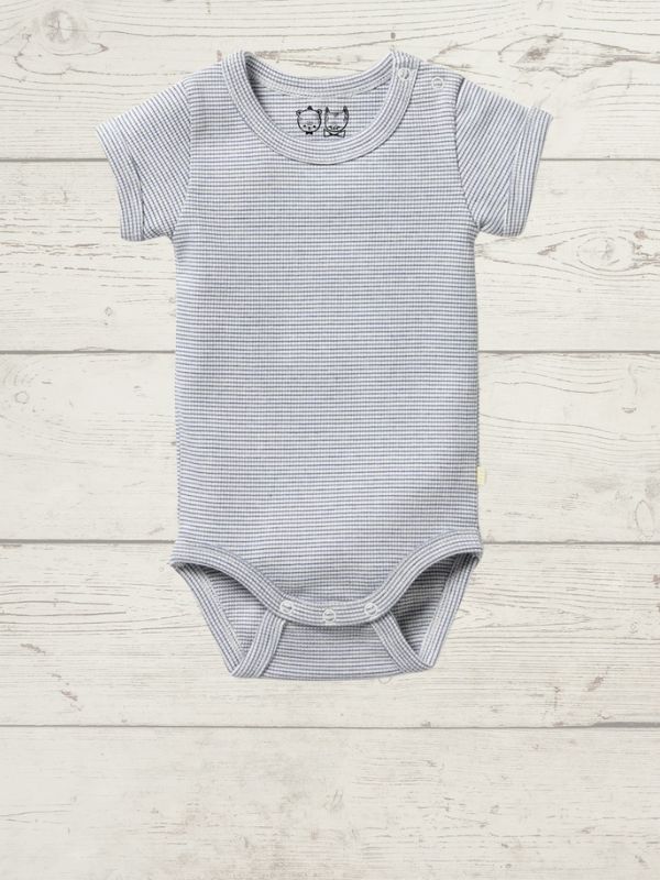 A gray short-sleeve rib bodysuit for babies, with a round neckline and side snap opening, displayed on a wooden background.