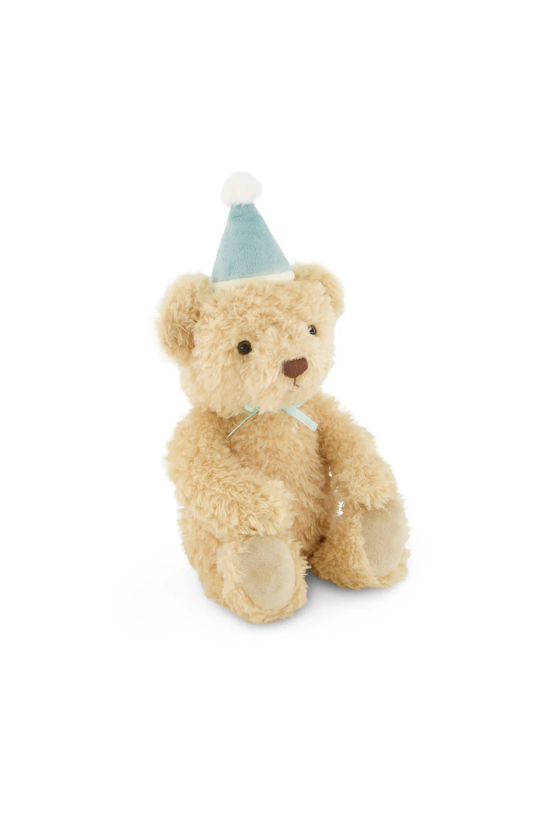 Teddy bear wearing a party hat on a white background