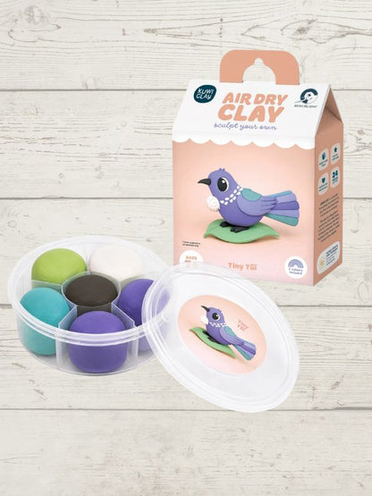A craft kit called 'Tiny Tui' featuring air dry clay. The set includes a pink and white cardboard box with a cartoon bird illustration, a clear plastic container with six colored clay balls (green, white, dark brown, purple, teal), and a matching lid, all arranged on a light wood background.
