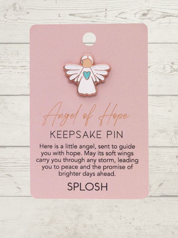 Angel of Hope keepsake pin on a pink card with text