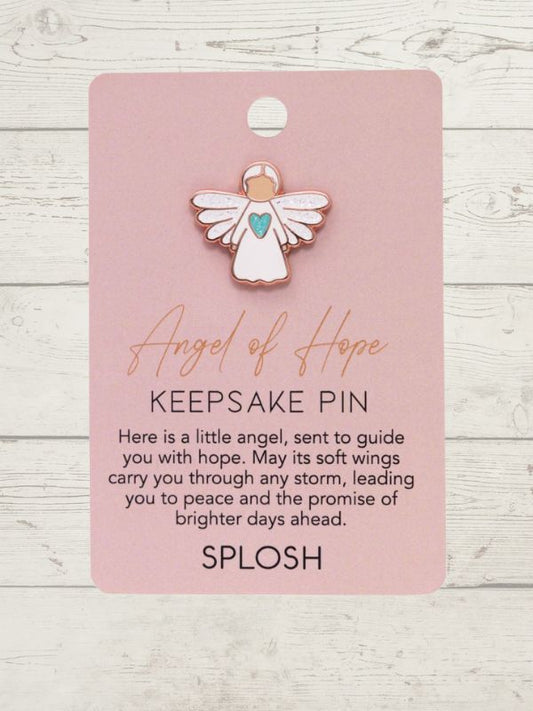 Angel of Hope keepsake pin on a pink card with text