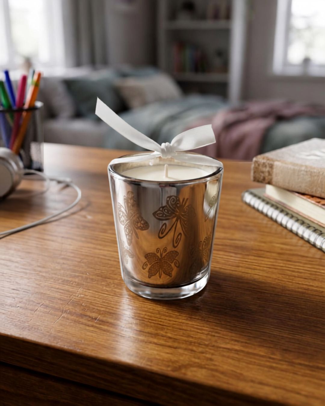 A silver glass jar candle with a white ribbon bow on top, decorated with gold butterfly and floral engravings, sitting on a wooden table in a cozy, softly blurred living room setting.