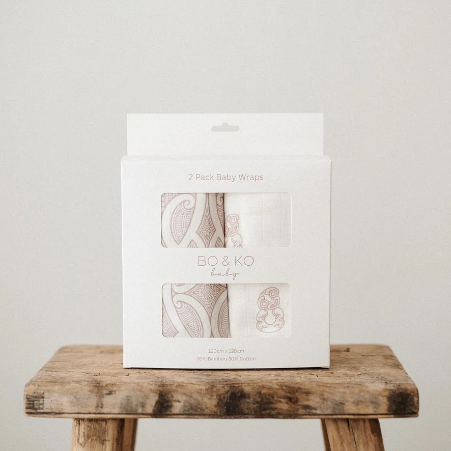 Box of BO & KO baby wraps on a wooden stool with a plain background