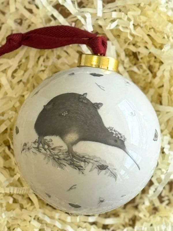 A round white Christmas ornament featuring a painted kiwi bird illustration, with a red hanging ribbon and gold cap, resting on shredded paper.
