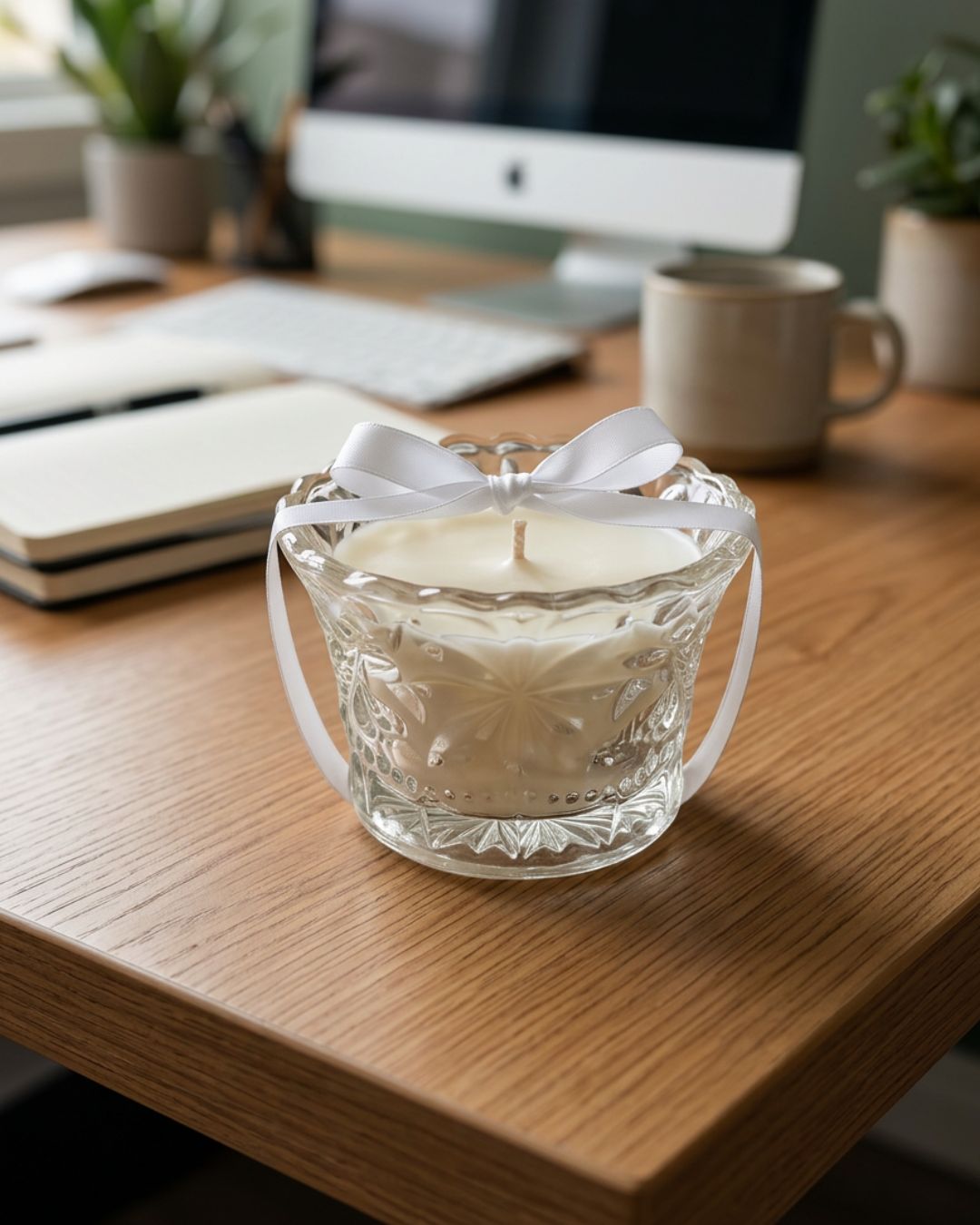 A white wax candle in a clear faceted glass cup with a white ribbon bow, placed on a wooden desk with a blurred computer monitor, mug, and plants in the background.