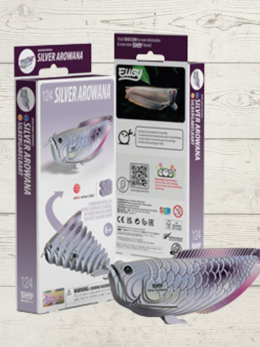 ed puzzle of a fish with packaging on a wooden surface