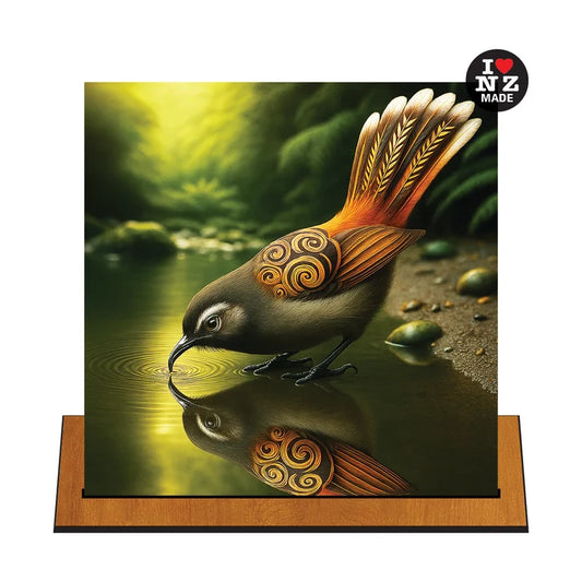 A square wall art print or canvas showing a small brown bird with orange and gold spiral wing patterns drinking water from a reflective pool, mounted on a wooden display stand against a white background. A black circular 'I ❤— NZ MADE' badge appears in the top-right corner.