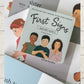 A book titled 'First Signs - Everyday words' with illustrations of adults and a child, showcasing New Zealand Sign Language.