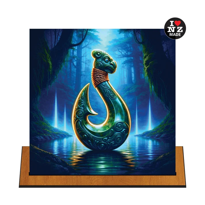 A framed or mounted fantasy artwork showing a curved green and gold hook-like object with carved details, standing in a misty blue forest over water. The scene appears to be the product itself rather than a real photographed environment, so this fits Scenery.