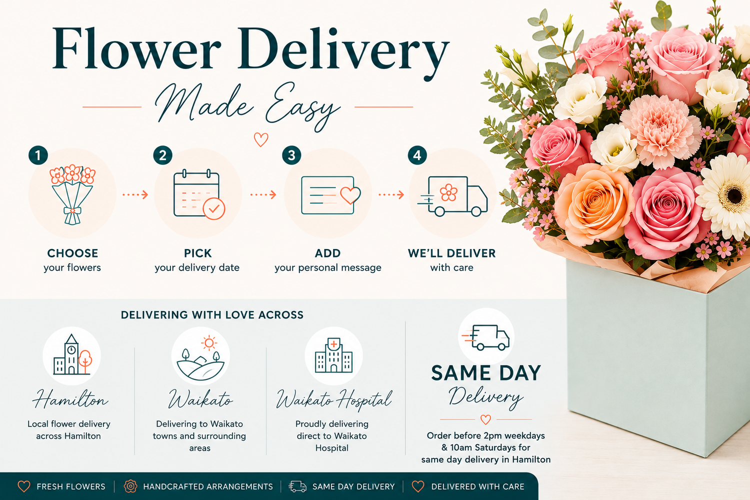 An informational flyer for flower delivery services. The left side features a 4-step process diagram for choosing, picking, adding a message, and receiving care, alongside delivery details for Hamilton, Wakato, and Wakato Hospital.