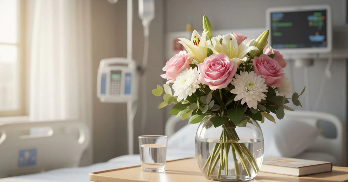 Bouquet of flowers on a hospital bed with medical equipment in the background